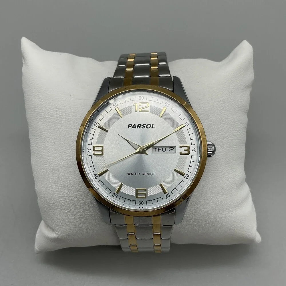 Parsol Dress Mens Watch 40mm Silver Dial Two Tone Day Date New Battery 8.75